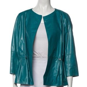 Lafayette 148 Lightweight Teal Leather 3/4 Sleeves Jacket Leather Silk